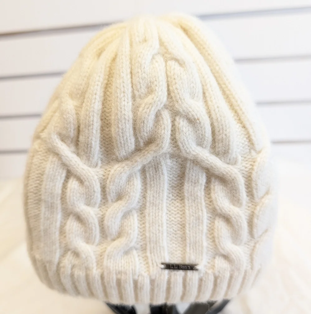 LL Bean Wool Hat Beanie Womens One Size Cable Knit Off White Fleece Lined  NWOT